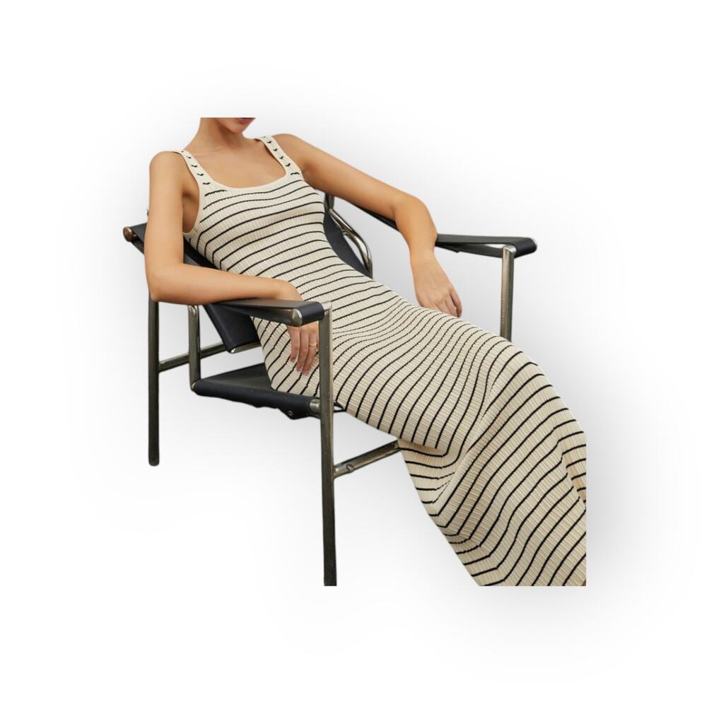 Commense Striped Ribbed Knit Maxi Dress XL Ivory Black Minimalist Old Money NWT
